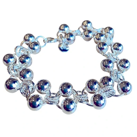 925 STERLING Stamped 8 mm Silver Round Beads Dainty Links Bracelet - Picture 4 of 9